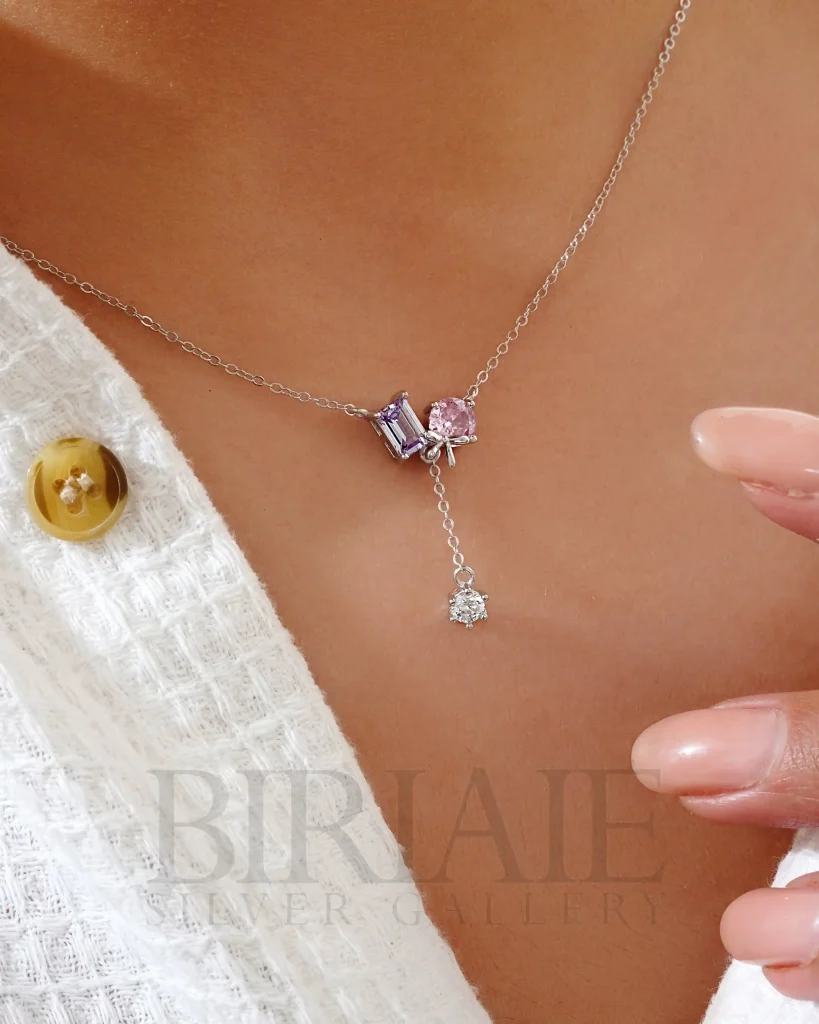 گردنبند دخترانه نگین صورتی نقره